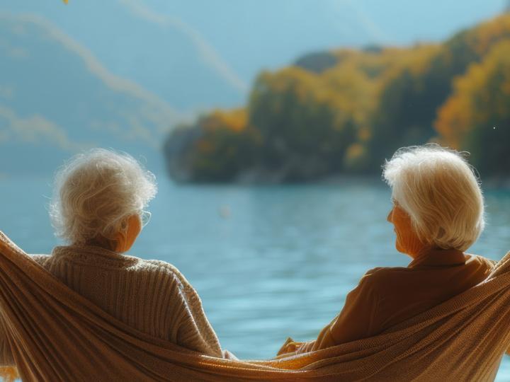 Deux femmes seniors devant un lac