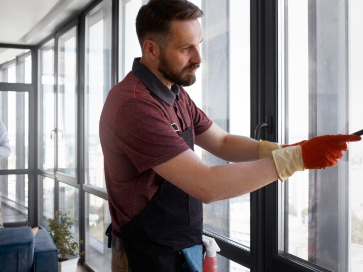 Un aide à domicile nettoyant les vitres (c) freepik