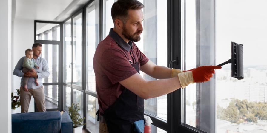 Un aide à domicile nettoyant les vitres (c) freepik
