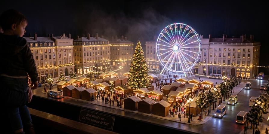 Un enfant observe un monde miniature illuminé avec une grande roue.