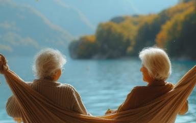 Deux femmes seniors devant un lac