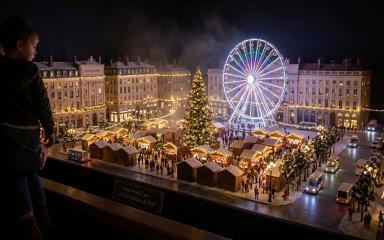 Un enfant observe un monde miniature illuminé avec une grande roue.